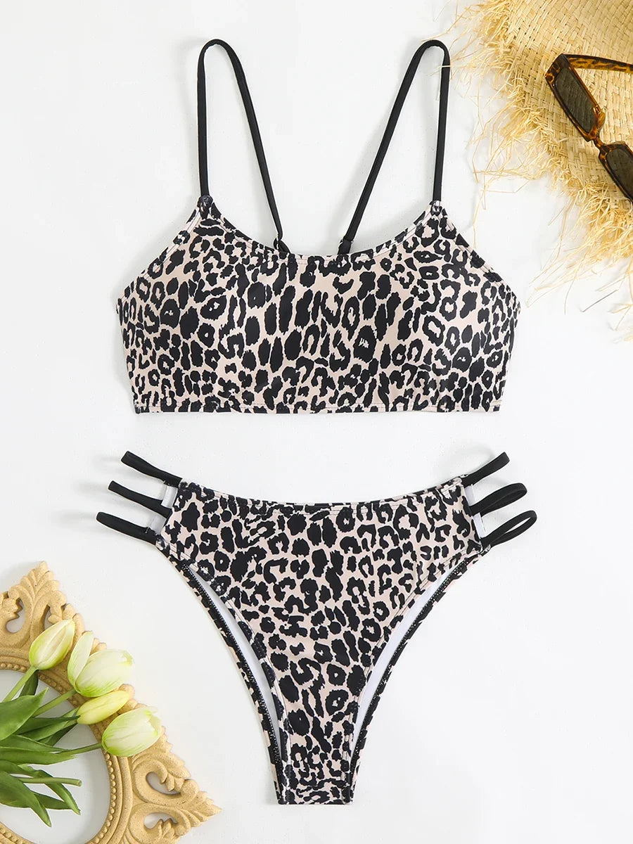 2025 Strappy Bikini Set Sexy Swimsuit Women Leopard Padded Swimwear Female Bathers Bathing Swimming Swim Suit Beachwear