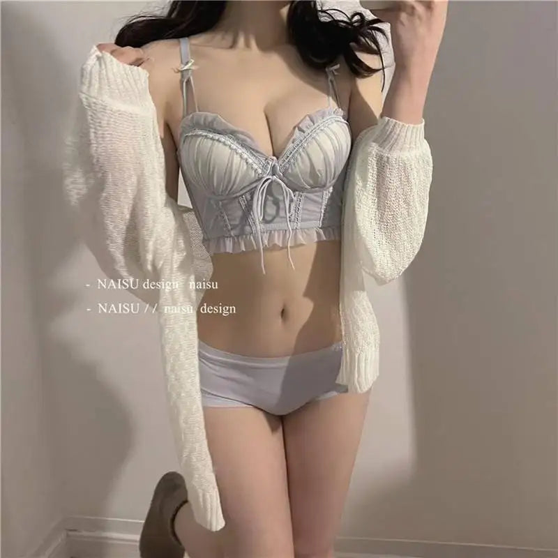 Sexy Lolita Bra Set for Women Wireless Push Up Bralette Lace Sexy Lingerie Set for Small Bust Gathering No Underwire MOYISU S-XL