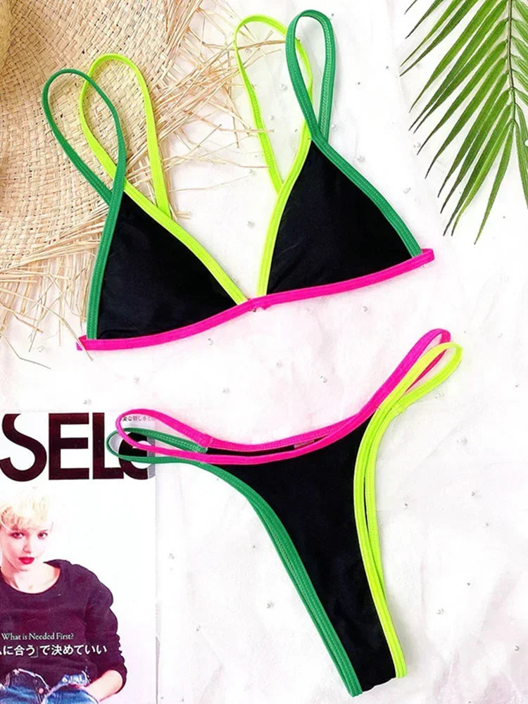 Splicing Brazilian Mini Thong Bikini Female Swimsuit Women Swimwear Two-pieces Bikini set High Cut Bather Bathing Suit Swim Lady