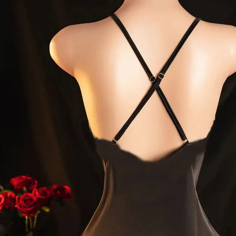 Spaghetti Strap Nightgown Deep V Women Elegant Sleepwear (no Thong) Big Backless Black Short Hot Night Dress Women's Lingerie