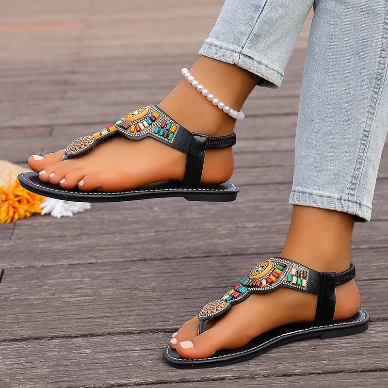Bohemia Style Flat Heel Sandals for Women Fashion Bead Clip Toe Beach Sandles Woman Plus Size 43 Lightweight Gladiator Sandalias
