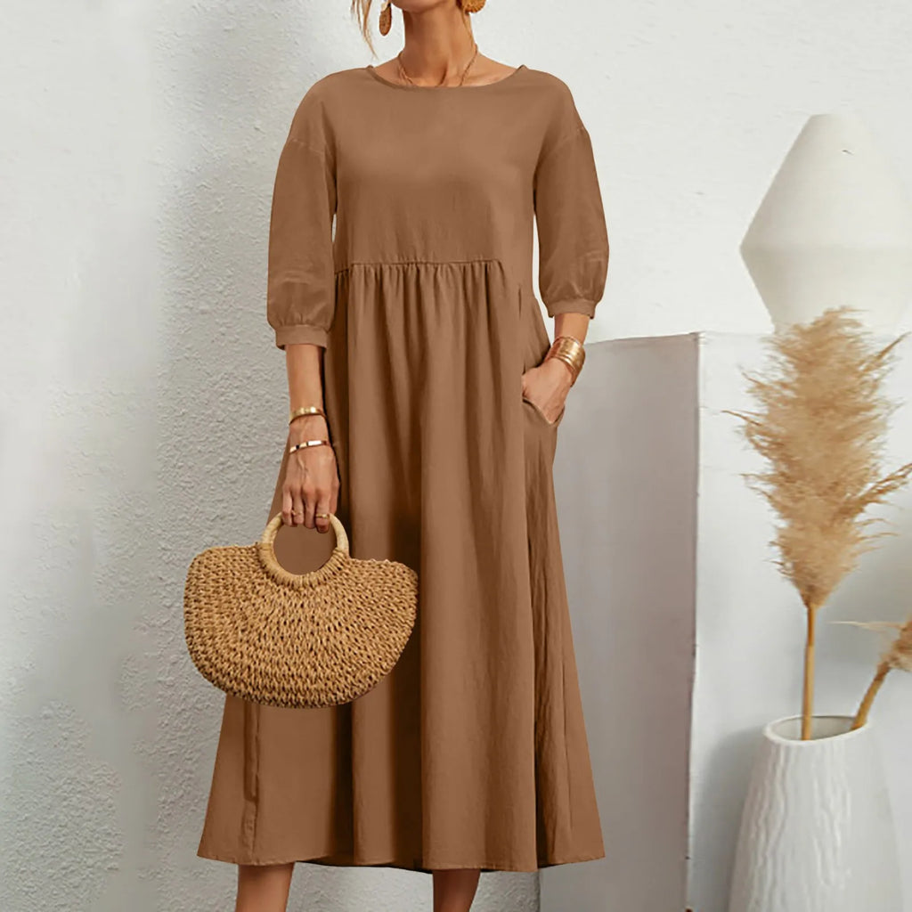 Womens Casual Summer Cotton Dress With Pockets 3/4 Sleeve Loose Midi Shirt Dress Women Dresses With Short Sleeves Vestidos