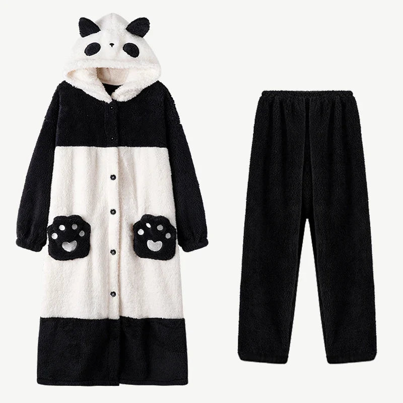 Cartoon Panda Plush Pajamas Robes Anime Adult Nightgown Winter Long Sleeve Night Dress Halloween Party Comfy Kawaii Girl Slipper