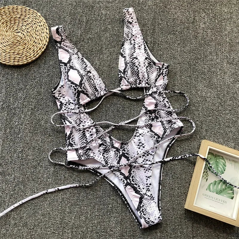 Leopard Deep V Neck Wrap Around High Cut Women Swimwear One Piece Swimsuit Female Monikini Tummy Cut Out Bathing Suit Swim Lady