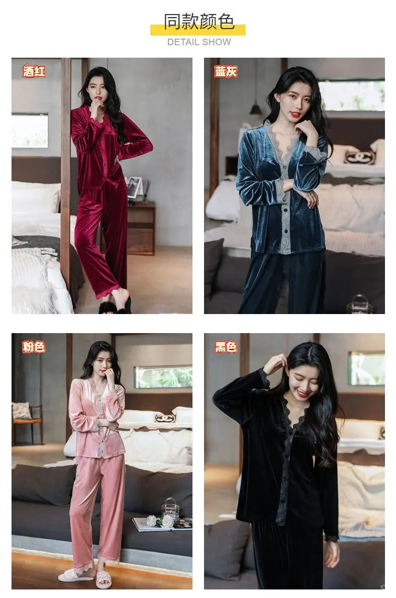 Pajamas gold velvet long sleeve lace cardigan set sexy home wear