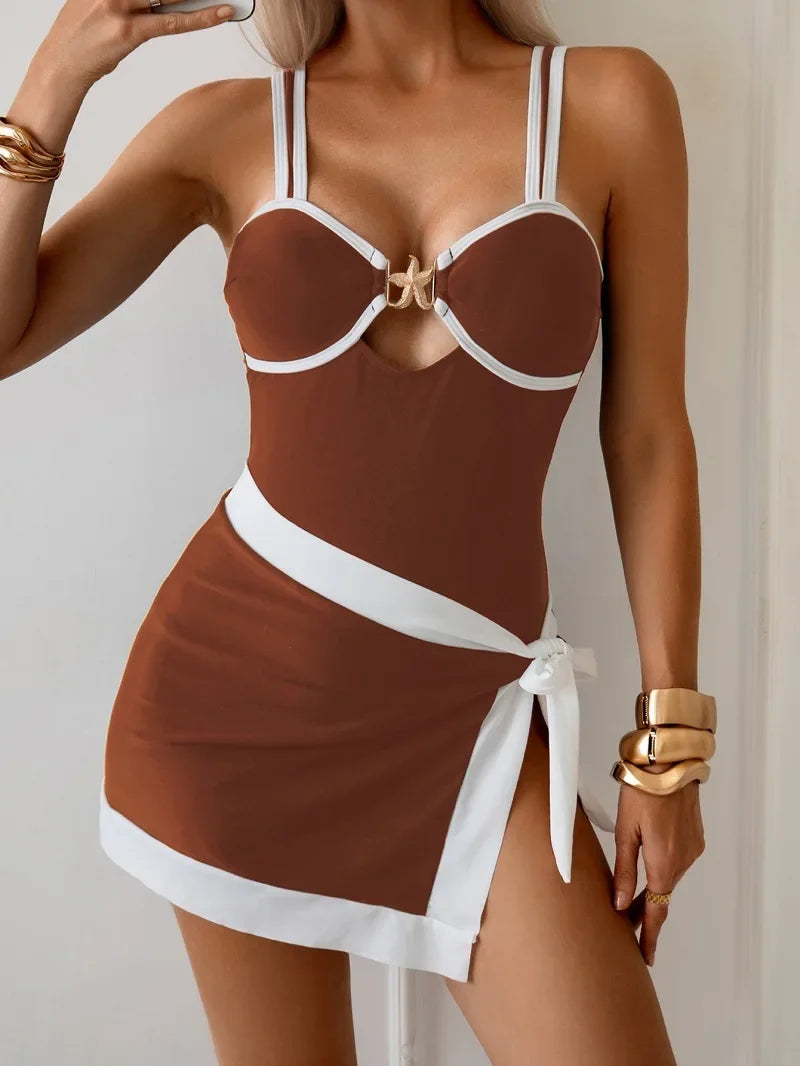 Sexy Black Contrast One Piece Swimsuit Skirt Sets Women Metal Starfish Hollow Out Slim Tummy Control Bathing Suit Swimwear XXL