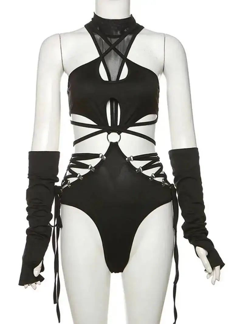 Hollow Out Sexy Cyber Y2k Bodysuits Gothic Mesh Patchwork Tops Female Glove Sleeve Mock Neck Bodysuit Fashion P4ZQ