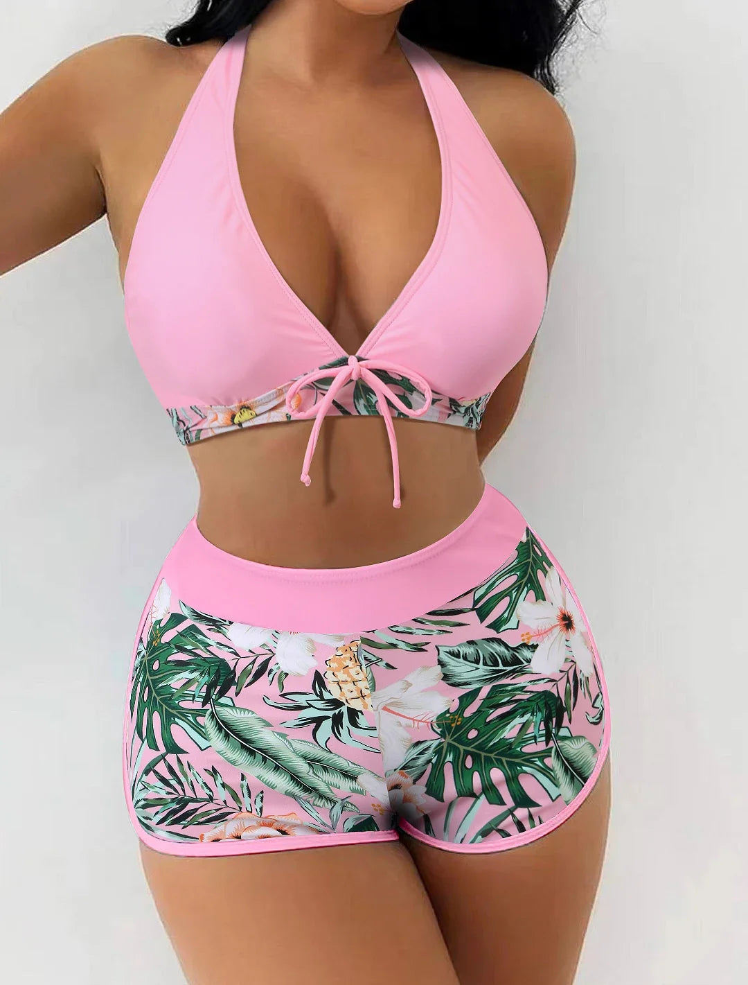 Halter Bikinis 2026 Women Printed Swimsuit Shorts High Waist Swimwear Female Bathers Swimming Bathing Suit Summer Beachwear