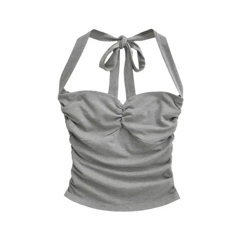 New Women's Fashion Sexy Backless Halter Neck Tie-up Ruched Tube Top Ultra-short Camisole Top In Solid Color Pure Desire F1MR