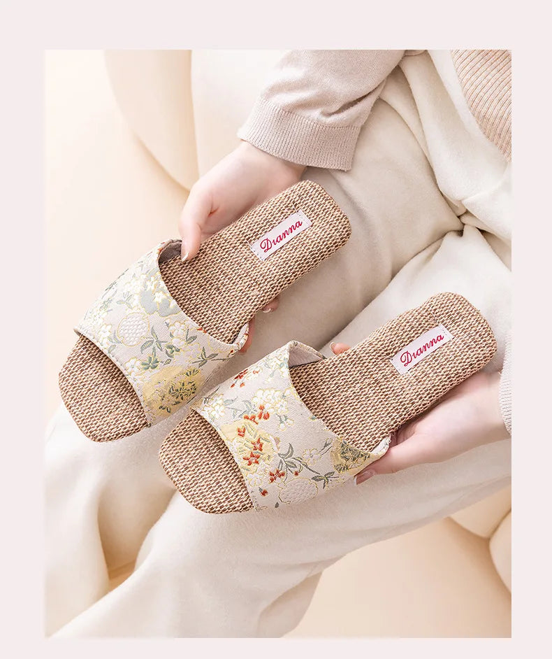 Breathable Indoor Linen Slippers For Women Men Home Floor Shoes Chinese Style Emrobidery Anti-slip Couples House Bedroom Slides