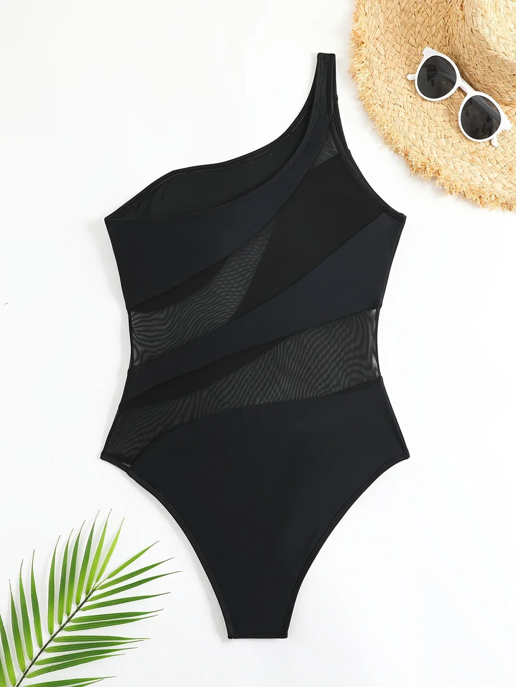 Sexy One Shoulder Swimwear Women 2026 Vintage Mesh Patchwork Transparent Tummy Control One Piece Swimsuit Beach Bathing Suits