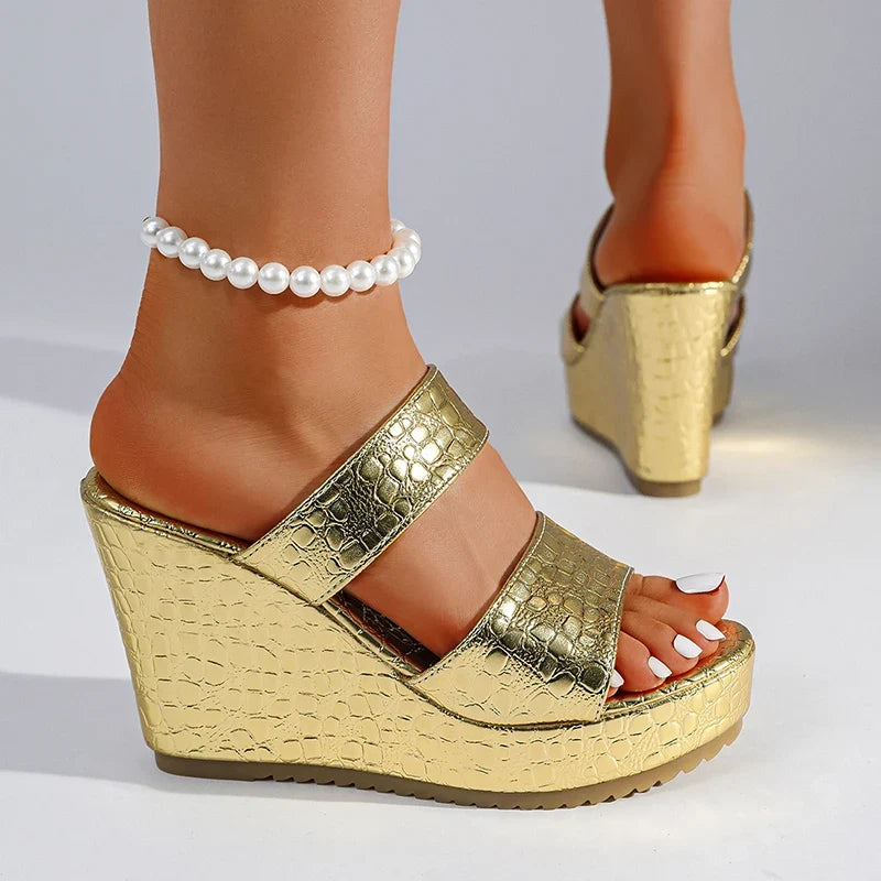 Chunky Wedges Gold Sandals Women Plus Size 42 High Heel Platform Slippers Woman Snake Pattern Pu Leather Summer Sandles Female