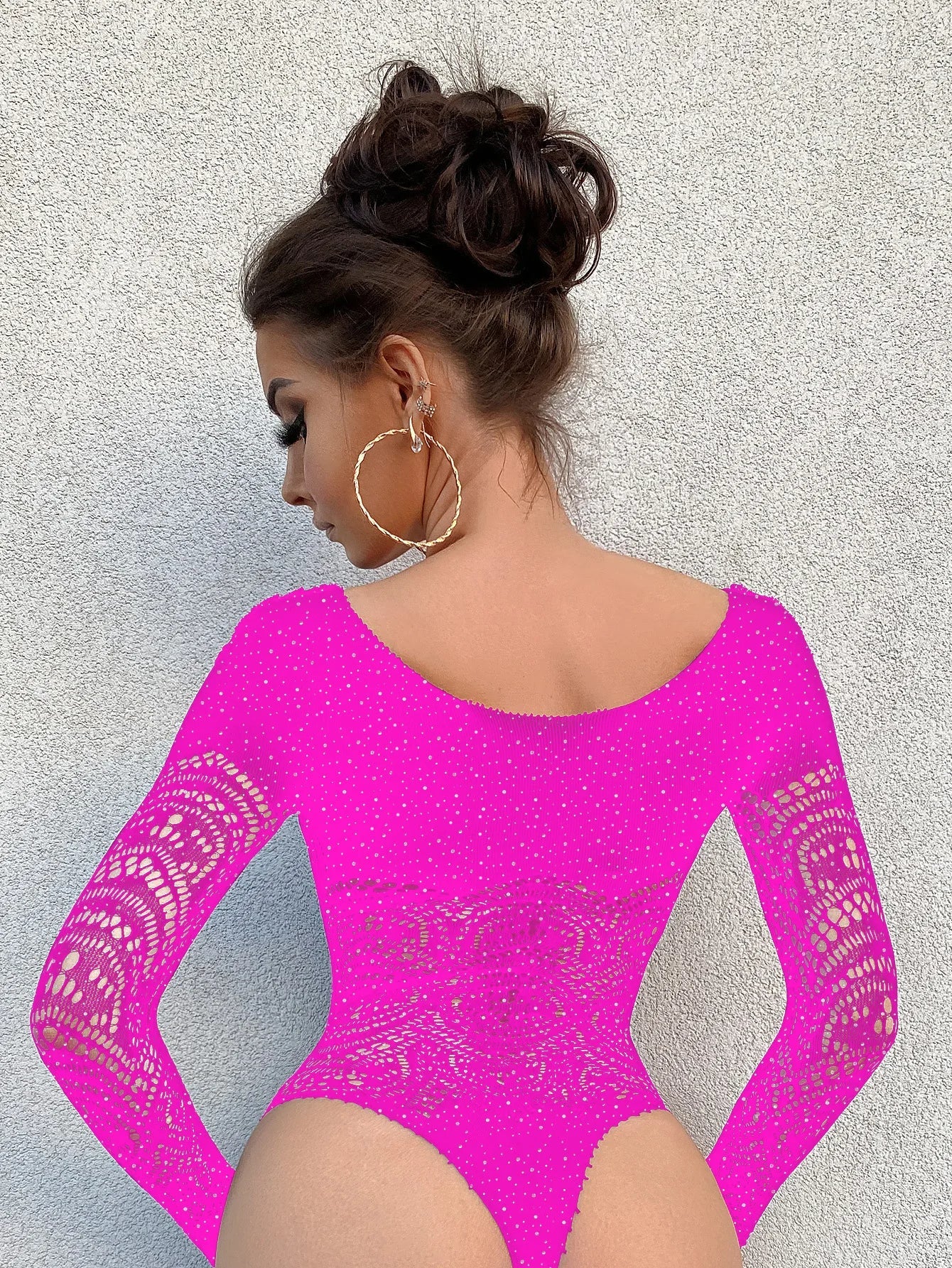 Toucheart Sexy Lingerie Long Sleeve Women's Jumpsuit Hollow Bikini One Piece Sexy Jacquard Solid Color Mesh See-through Bodysuit