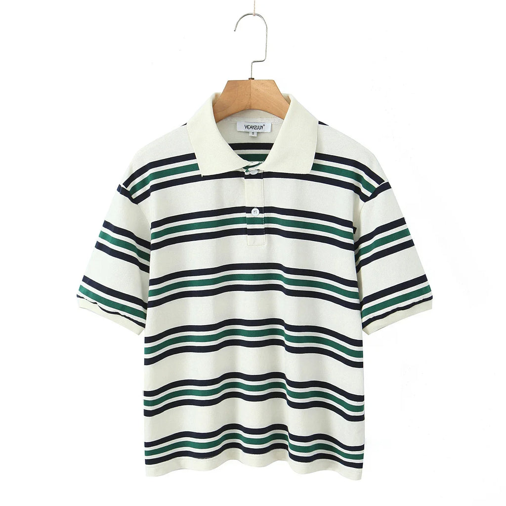 Foridol Burgundy Striped Casual Women T-shirt Summer Loose Polo Shirts Buttons New Female Tops Blouse White Tops Spring Shirt