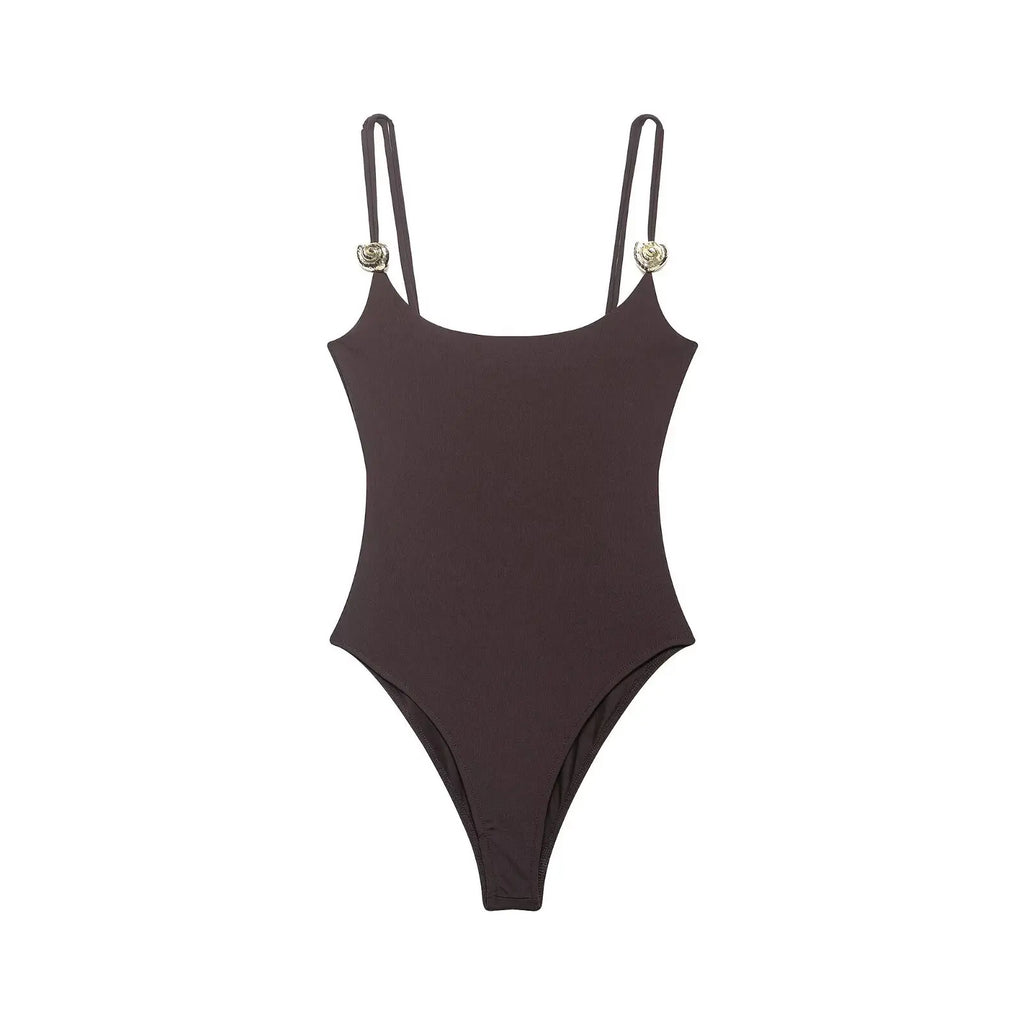 Black And Brown Spaghetti Strap Bodysuits With Rose Gold Button Decor Elegant Slim Fit Shapewear For Women Nightclub Wear 4UMT
