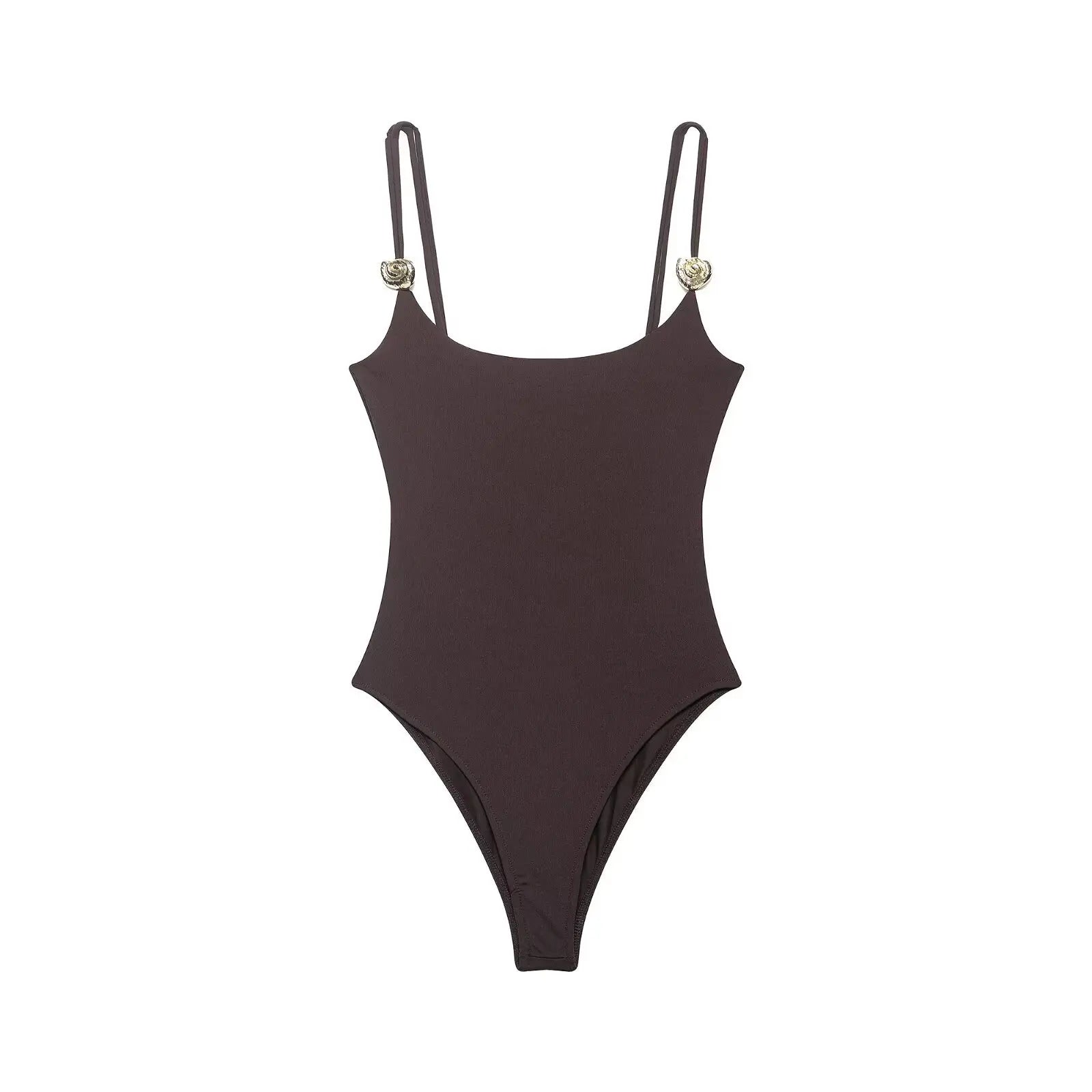 Black And Brown Spaghetti Strap Bodysuits With Rose Gold Button Decor Elegant Slim Fit Shapewear For Women Nightclub Wear 4UMT