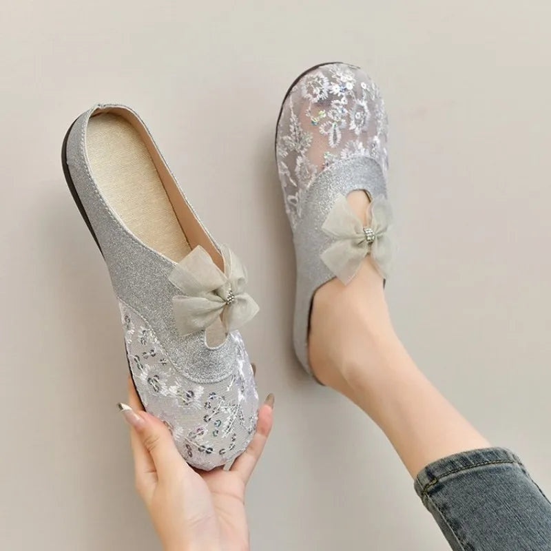 Women Mesh Sequins Slippers Outdoor Retro Slides for Girls Flat Heeled Summer Mules Female Bling Shoes with Bow Sweet Sandals