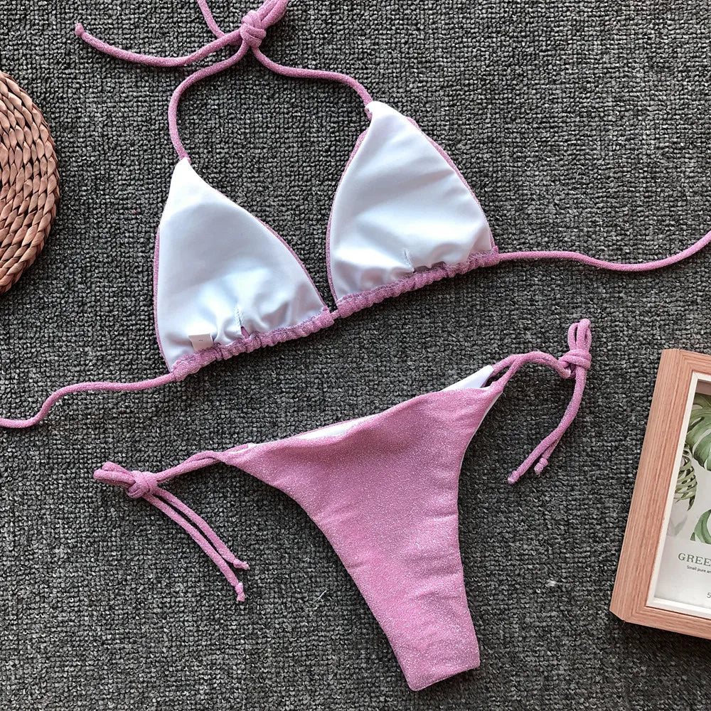 2 Colors Sexy Bikini Women Swimwear Swimsuit Solid Shining Fabric Triangle Halter Bikinis Set Bathing Suit Beach Bikini Female