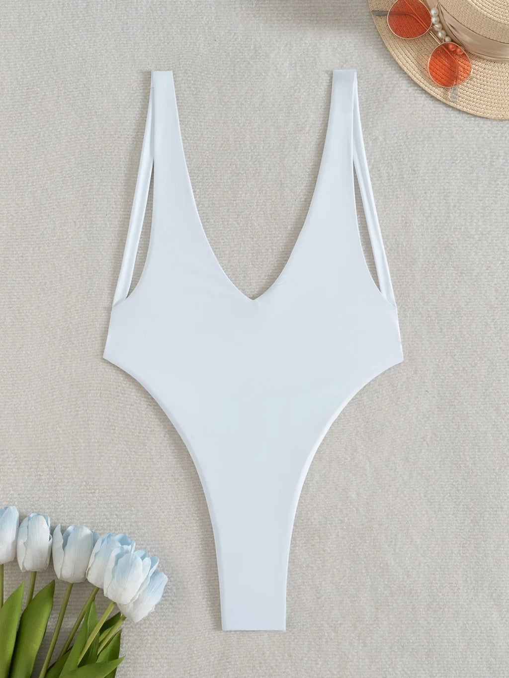 DEKA WomenSolid Deep V Neck One Piece Swimsuit Women Hollow Out White Swimwear Beach Bandage Bathing Suit Monokini