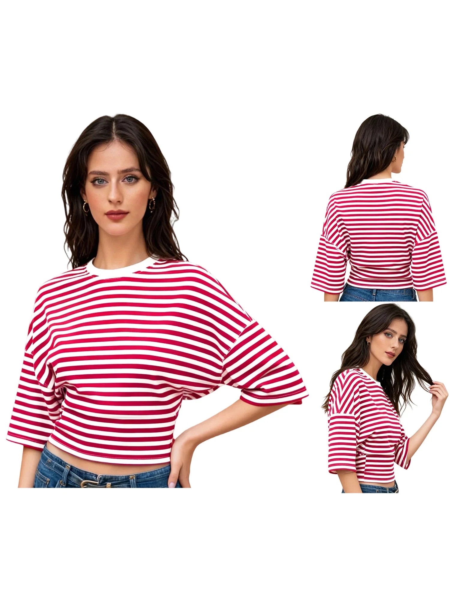 Women Summer Fashion Casual Elbow Sleeve T-Shirts Stripe Cinched Waist Crew Neck Tops Streetwear