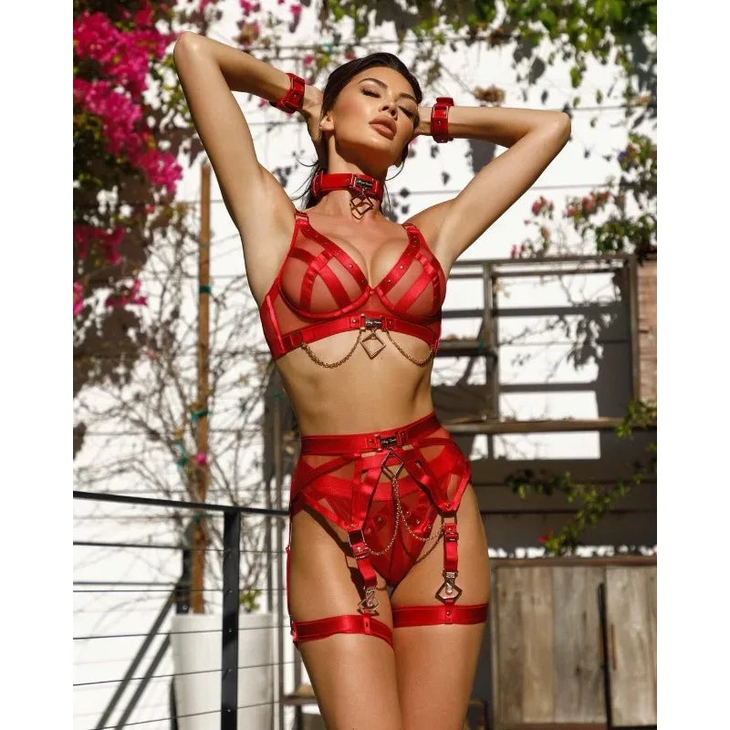 Toucheart Erotic Underwear Mesh See-through Patchwork Metal Chain Hot Girls Sexy Seductive Coquette Nightclub Party Dance Suit