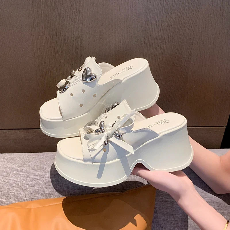 Metal Decor Chunky Platform Sandals Women 2026 Summer Open Toe High Heels Clogs Slippers Woman Bowknot Wedge Heel Sandles Female