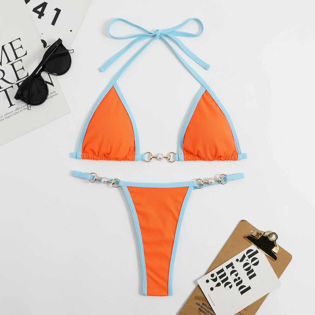 New Micro Bikini Set for Woman Chain Link Swimsuit Sexy Backless Neck Lace-up Bathing Suit Beachwear Female Push Up Swimwear