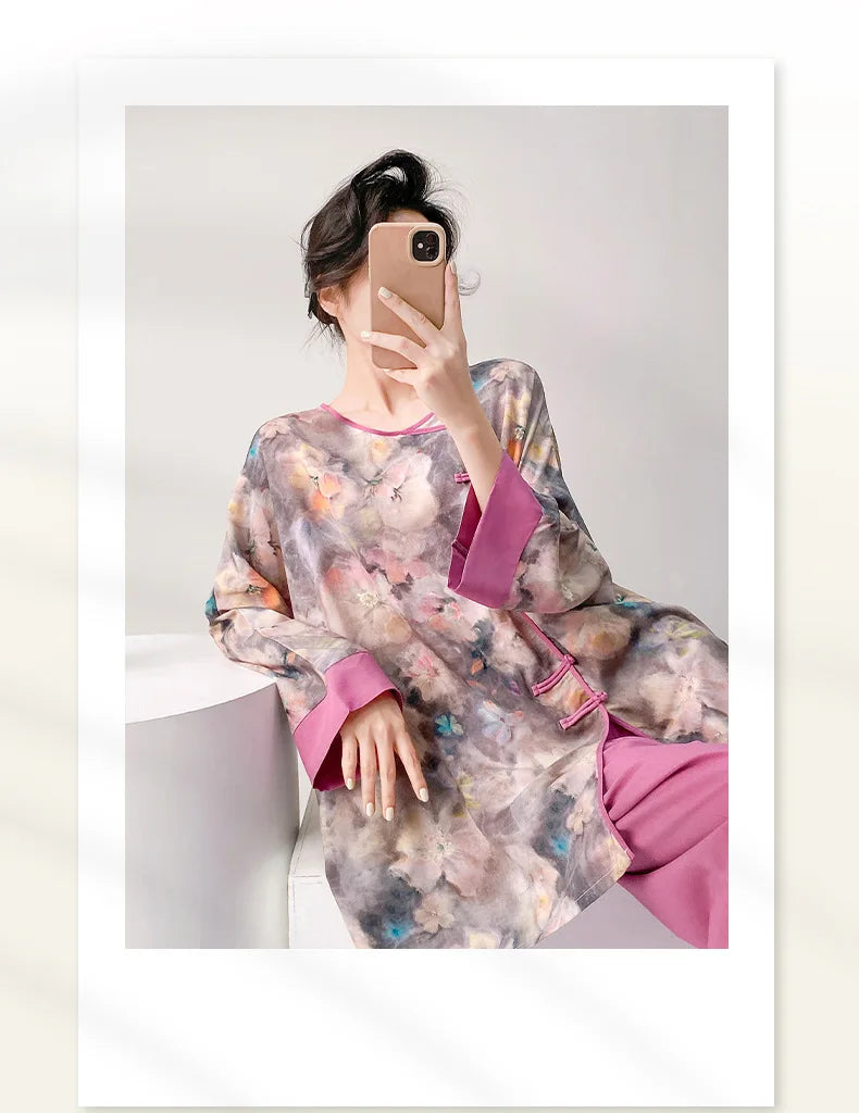 Plus size mother's cotton silk pajamas spring and summer new Chinese style can be worn outside home clothes Mother's Day gift