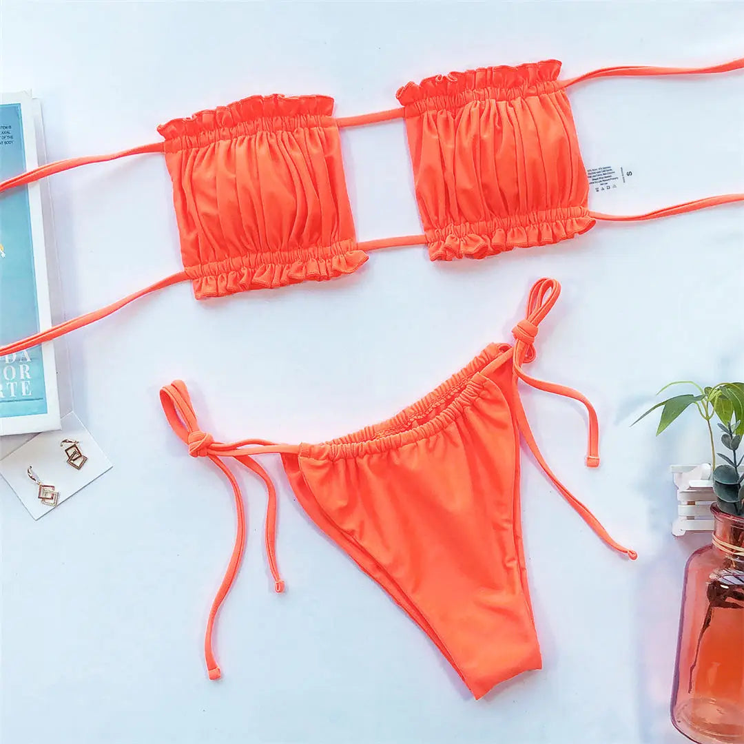 Sexy Pink Bandeau Frilled Bikini Swimsuit Female Swimwear Women Two-Pieces Bikini Set Bather Padded Bathing Suit Swim V1242B