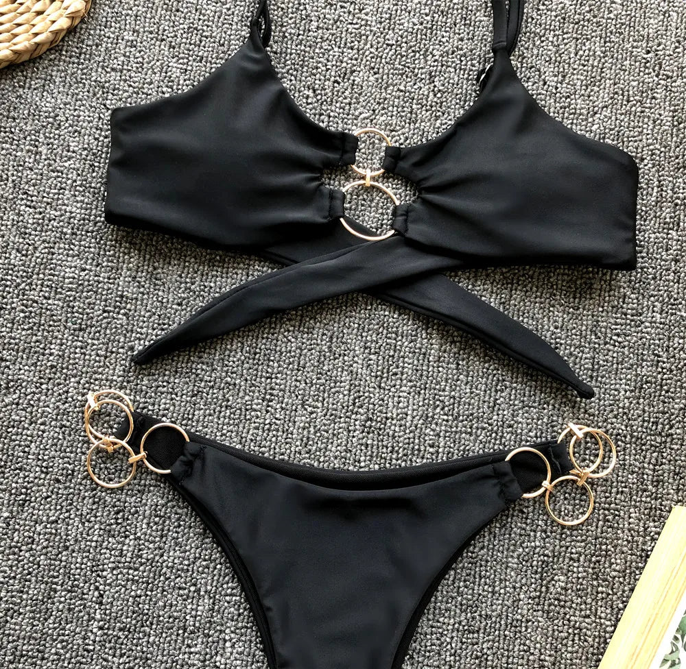 2026 Sexy Bikini Women Swimwear Swimsuit Solid Leopard Metal Ring Bikinis Set Bathing Suit Beach Bikini Female Biquinis Feminino