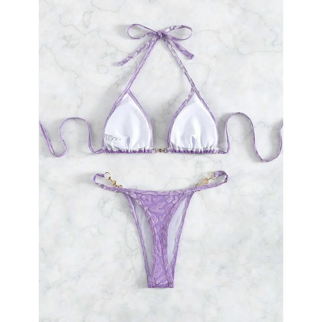 S - XL Leopard Pearl Mini Micro Thong Bikini Female Swimsuit Women Swimwear Two-Piece Bikini Set Bather Bathing Suit Swim V5207B