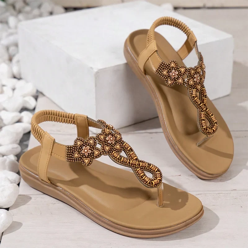 Bohemian Style Flowers Decor Flats Sandals Women Summer 2025 Clip Toe Non Slip Beach Sandalias Mujer Plus Size Slip On Sandles