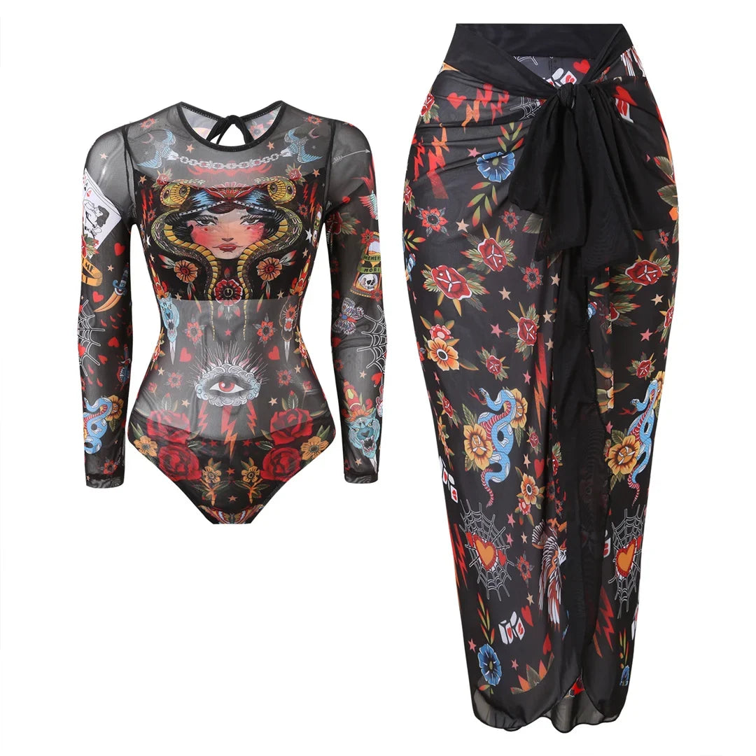S - XXL Printed Long Sleeve With Sarong One Piece Swimsuit Women Swimwear Female Flowers Padded Bather Bathing Suit Swim K7181