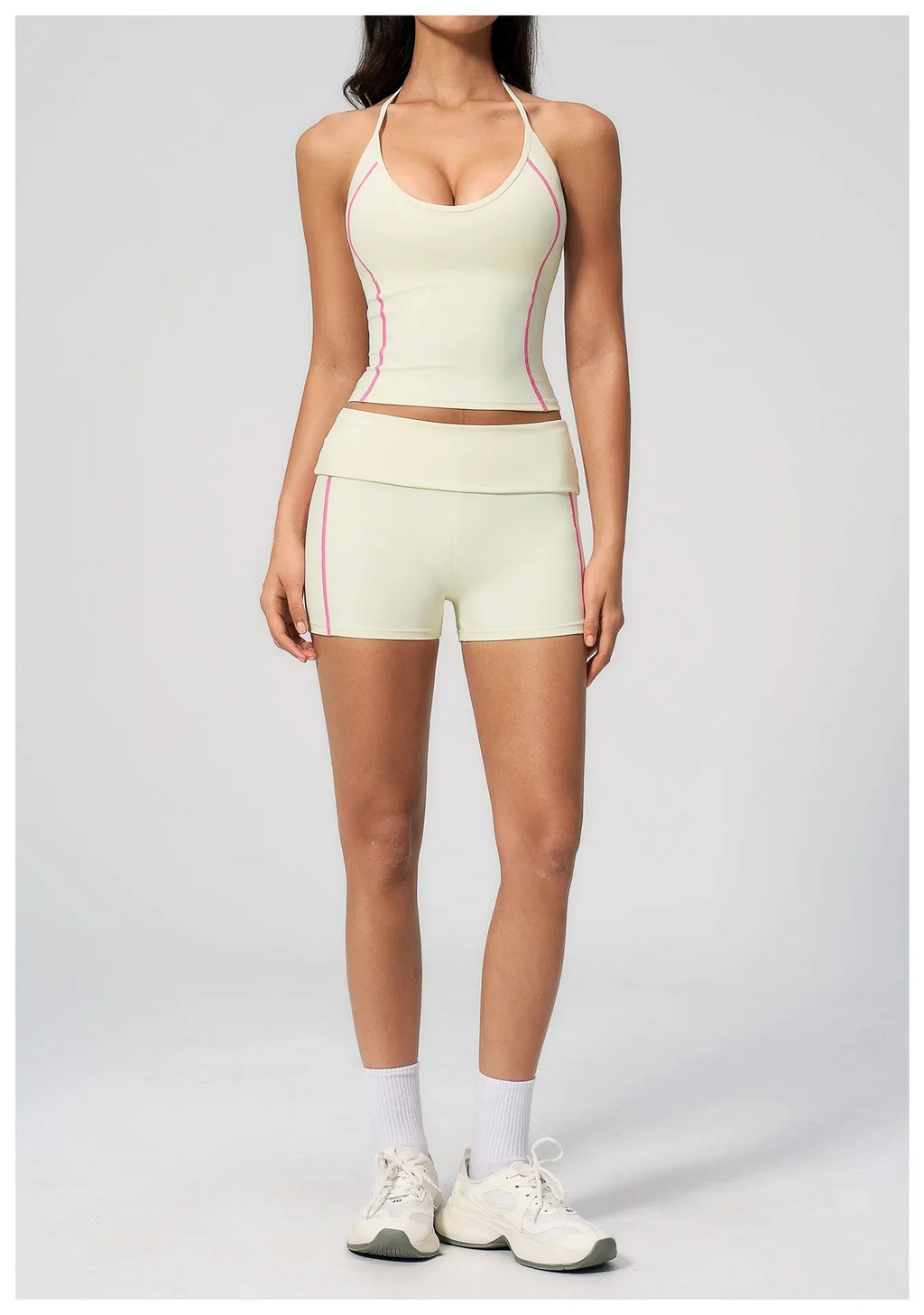 2PCS Women Yoga Sets Color Contrast Hanging Neck V Neck Slimming Sports Tank Top Flip High Waist Shorts Gym Running Fitness Suit