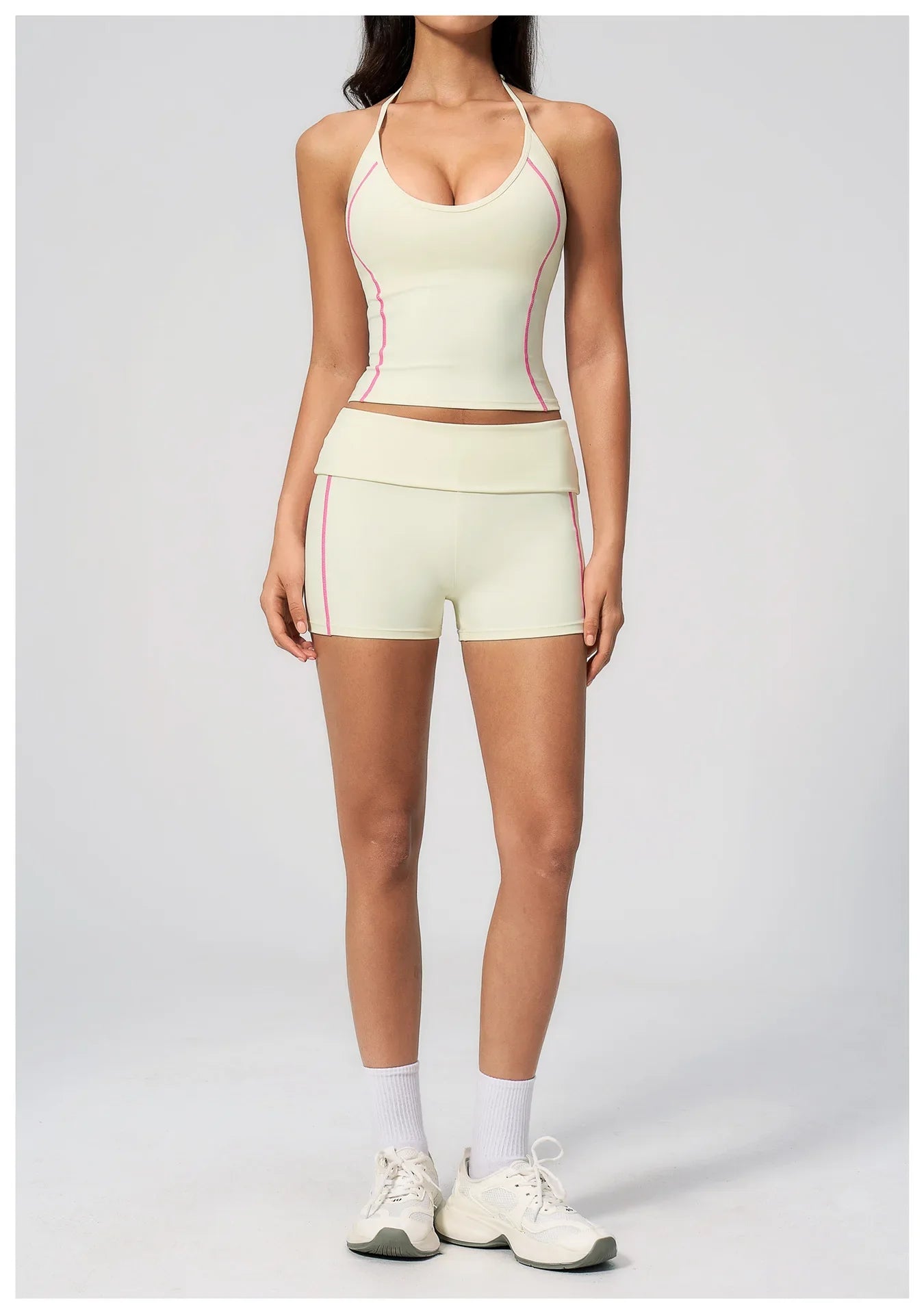 2PCS Women Yoga Sets Color Contrast Hanging Neck V Neck Slimming Sports Tank Top Flip High Waist Shorts Gym Running Fitness Suit