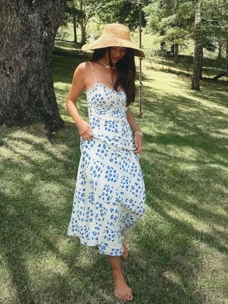 Foridol Ruffles Straight Elegant Women's Dress Summer Printed Boho Beach Maxi Dress Spaghetti Strap Floral Blue Sundress 2025