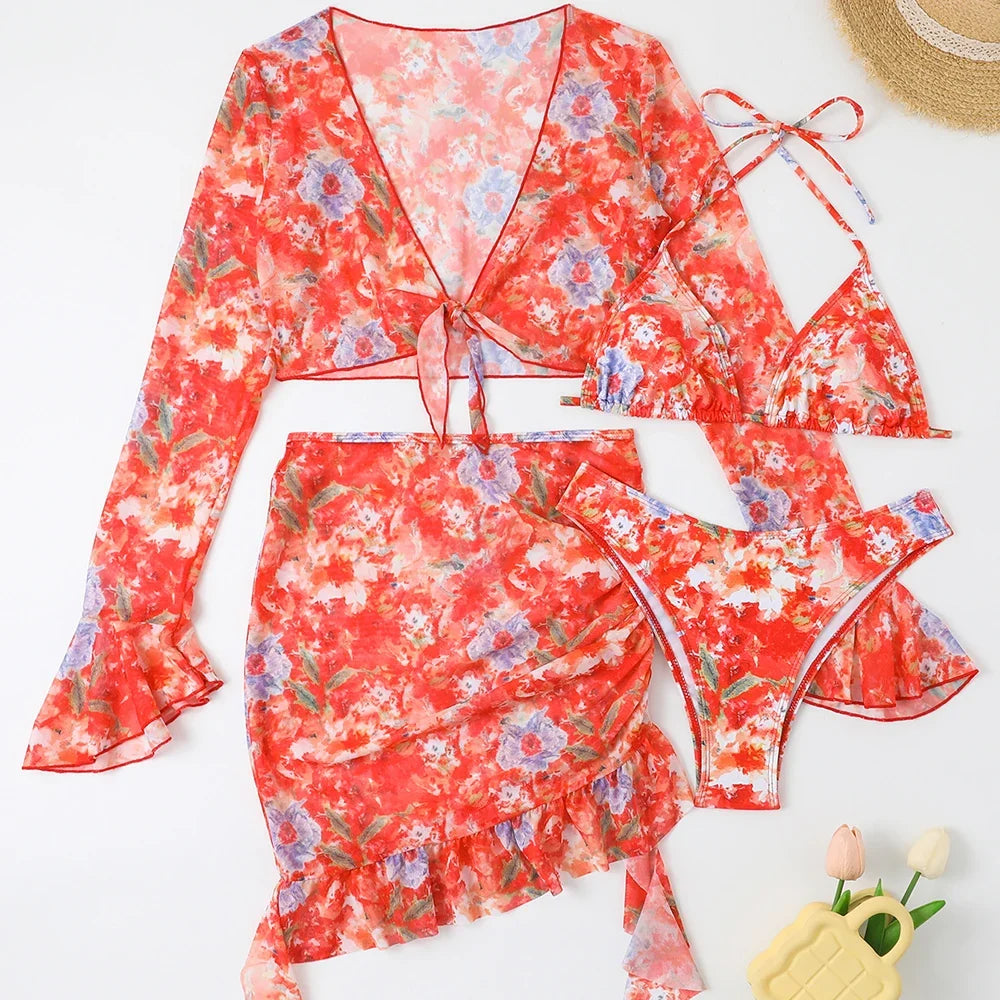 4 Pieces String Bikinis 2026 Women Sexy Swimwear Female Floral Swimsuit Bathers Bathing Swimming Swim Suit Beachwear Summer