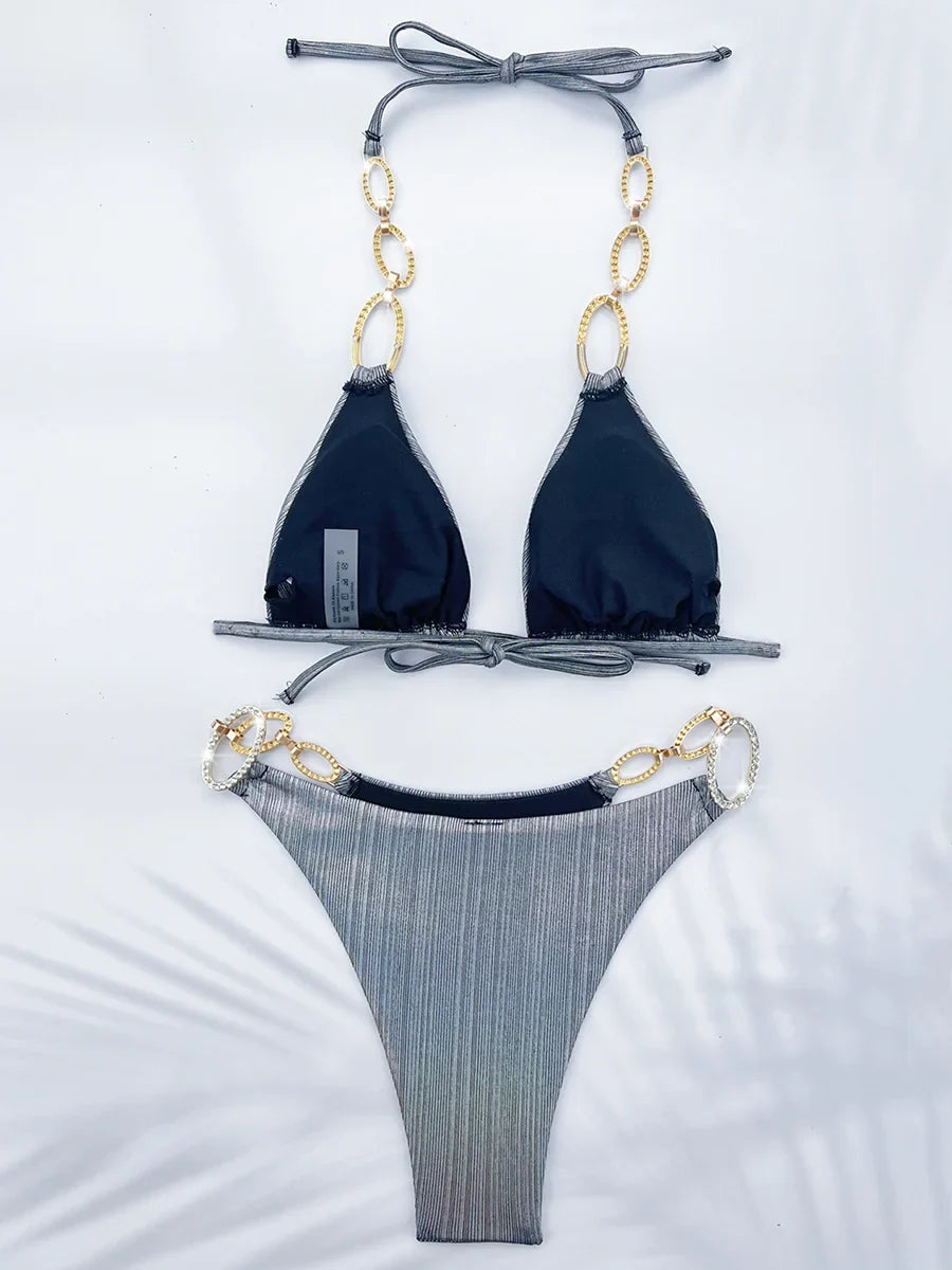 Shiny Metal Chains Rhinestone Diamond Bikini Female Swimsuit Women Swimwear Two-pieces Bikini Set Halter Bathing Suit Swim Lady