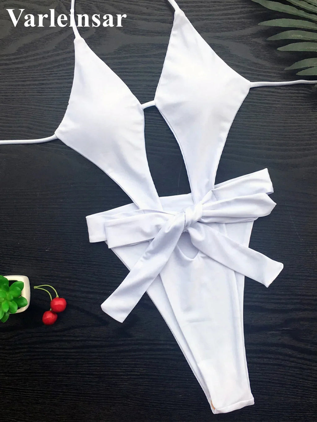 Knotted Backless Cut Out Halter One Piece Swimsuit Women Swimwear Female Monokini High Cut Bather Bathing Suit Swim Lady V3817