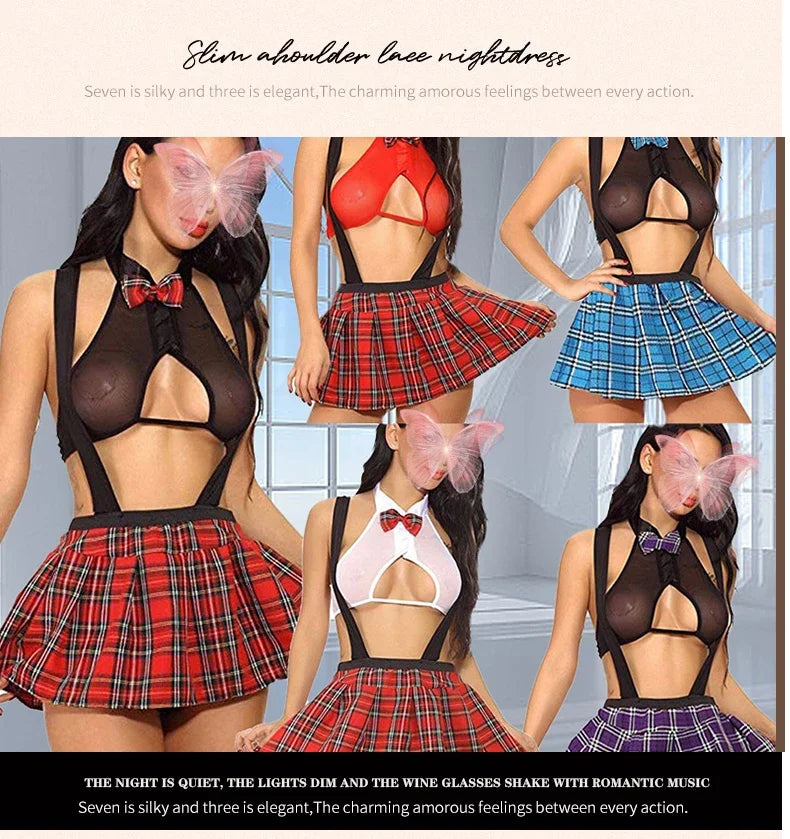 Toucheart Sexy Uniform Temptation Jumpsuit For Women Cosplay Mesh Plaid Perspective JK Sex Suit Mesh Patchwork Uniform Set New