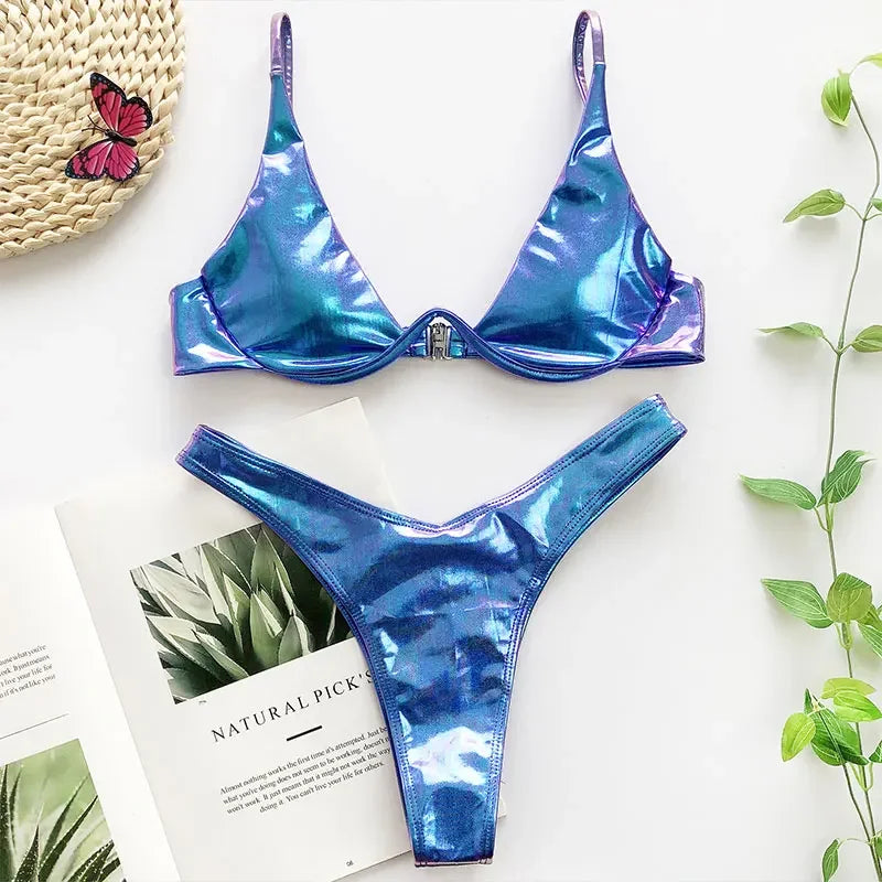 PU Leather Underwired V-bar Bikini Female Swimsuit Women Thong Swimwear Two-pieces Bikini Set High Cut Bathing Suit Swim Lady