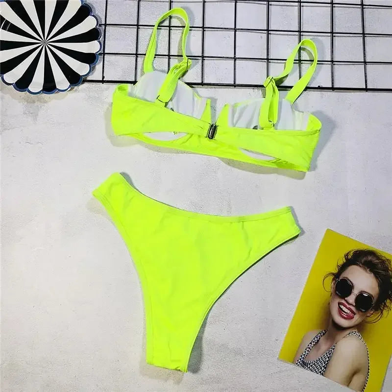 Sexy Ribbed Underwired V-bar Bikini Women Swimsuit Female Swimwear Two-pieces Bikini Set High Cut Bathing Suit Swim Beach Wear
