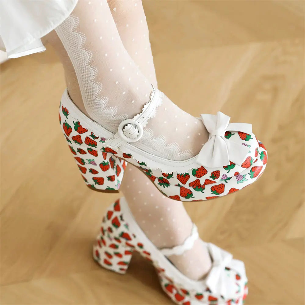 Big Size 43 High Quality Women's y2k Block High Heels Sweet Strawberry Print Mary Jane Pumps Black Pink Platform Lolita Shoes