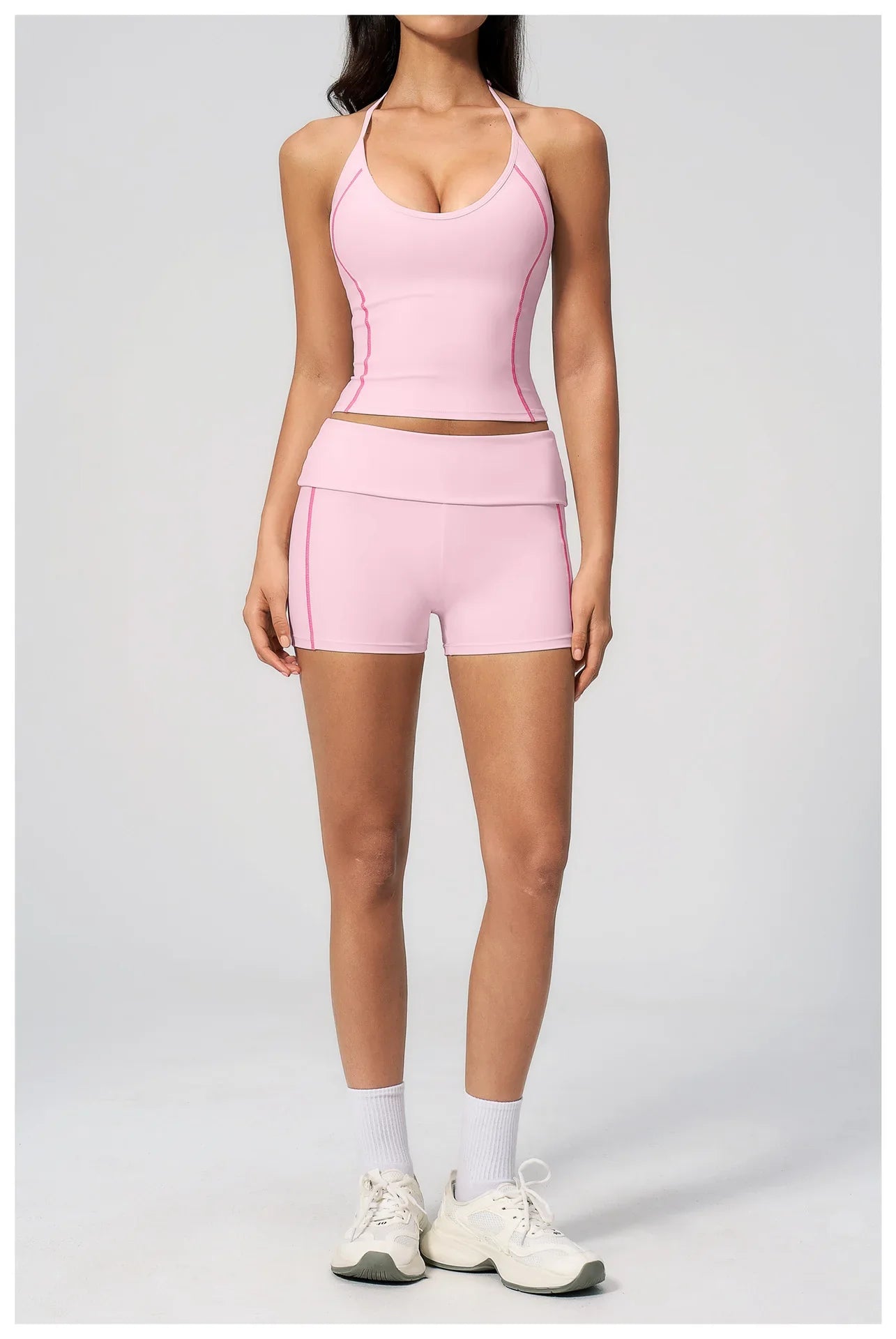 2PCS Women Yoga Sets Color Contrast Hanging Neck V Neck Slimming Sports Tank Top Flip High Waist Shorts Gym Running Fitness Suit