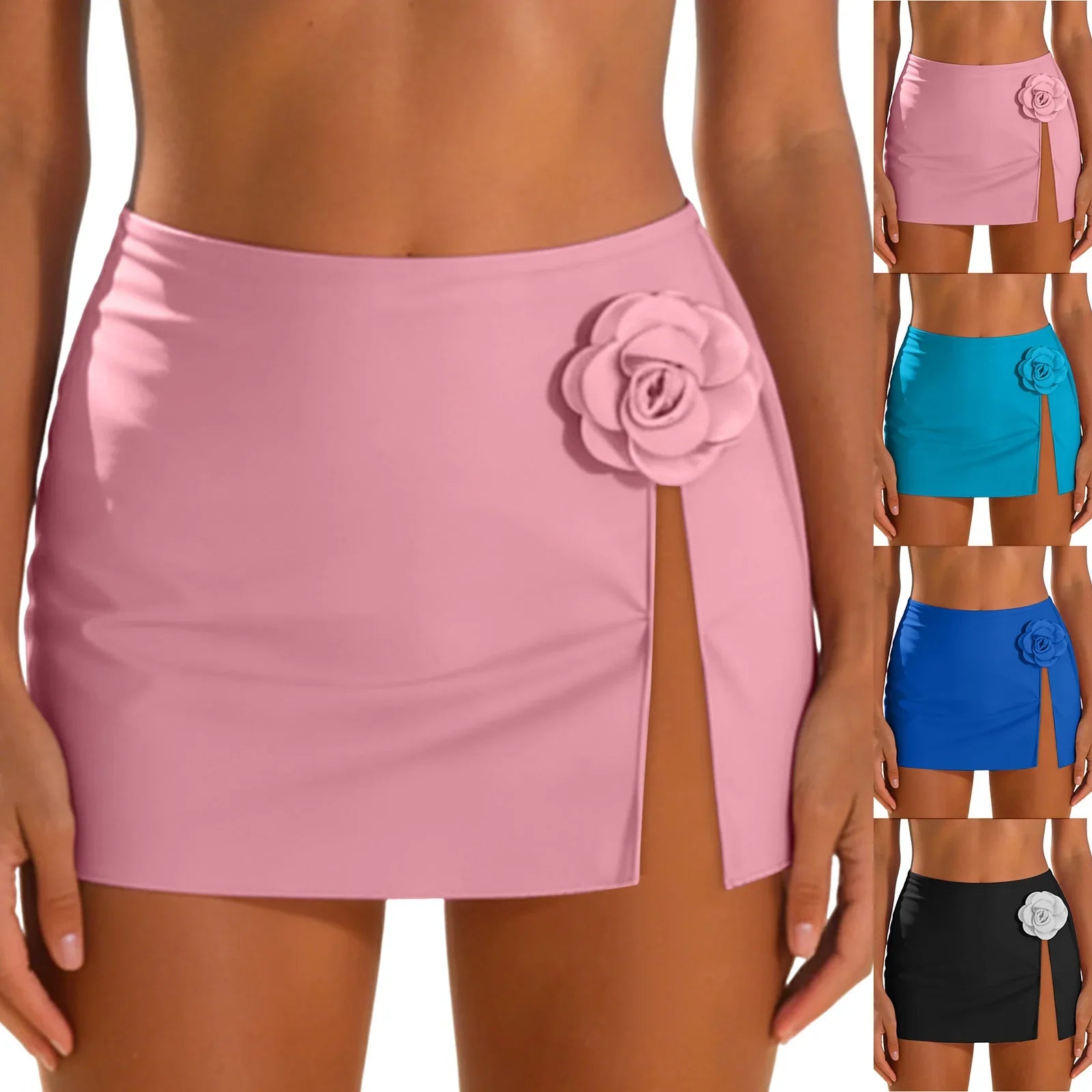 Women Black Swim Skirt 3D White Flower High Waist Side Slit Bikini Cover Up Skirts Beachwear Summer Vacation Beach Swimsuits