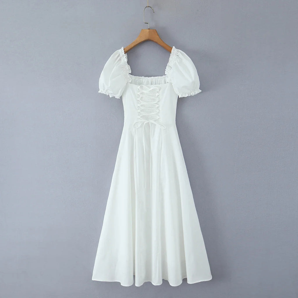 Bowknot Ruffles Light Blue Midi Dress Women's Summer Off Shoulder Short Sleeve Beach Dress Drawstring White A-line Vestidos 2025