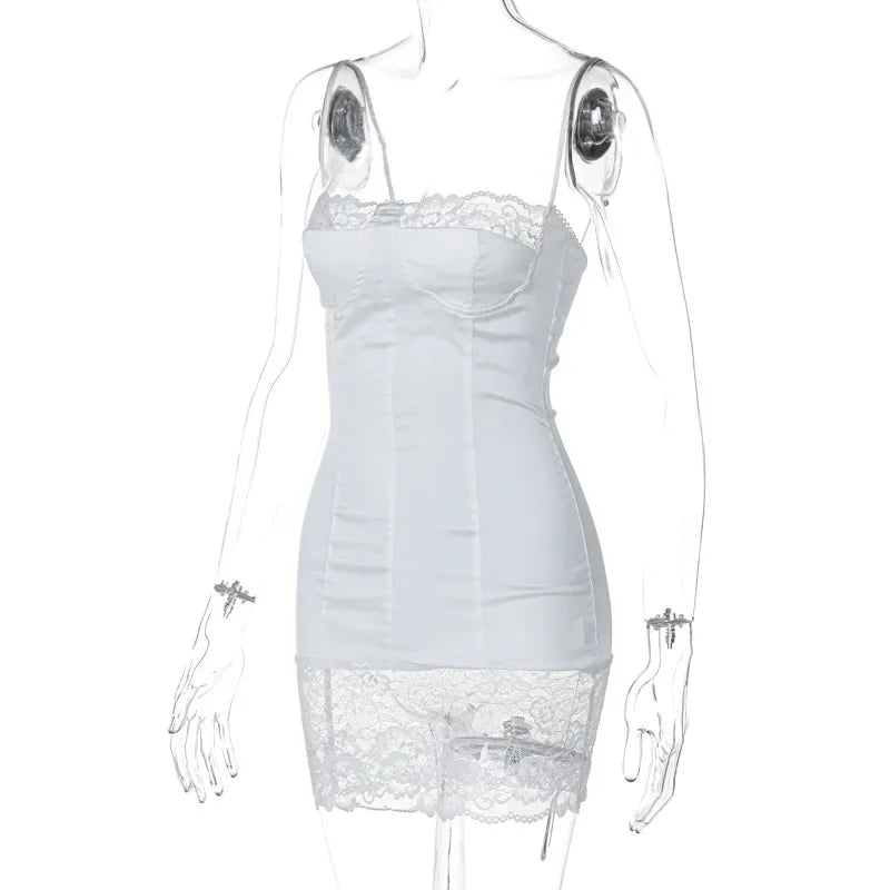 FDYOUI Women's Lace Patchwork White Wedding Party Dresses Sexy Spaghetti Strap Backless Skinny Mini Evening Prom Dress Clubwear