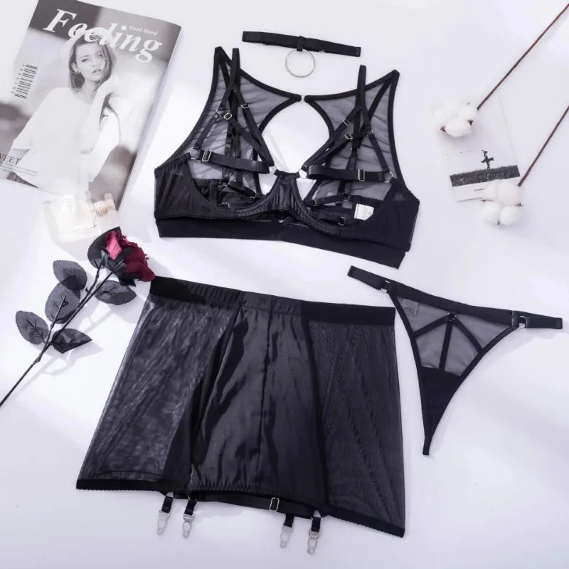 Toucheart 5-Pieces Erotic Lingerie Sexy Hip Skirt For Women Mesh Patchwork Hollow Out See-Through Lure Garters Underwear Suit