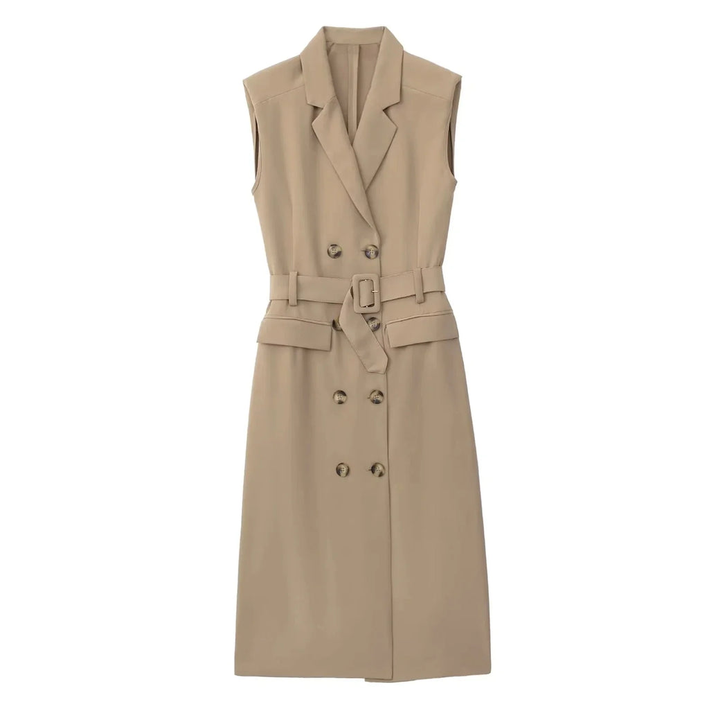 Foridol Khaki Double Breasted Sleeveless Office Windbreaker Style Dress Turn Down Collar Lady Elegenta Vintage Belt New Vestidos