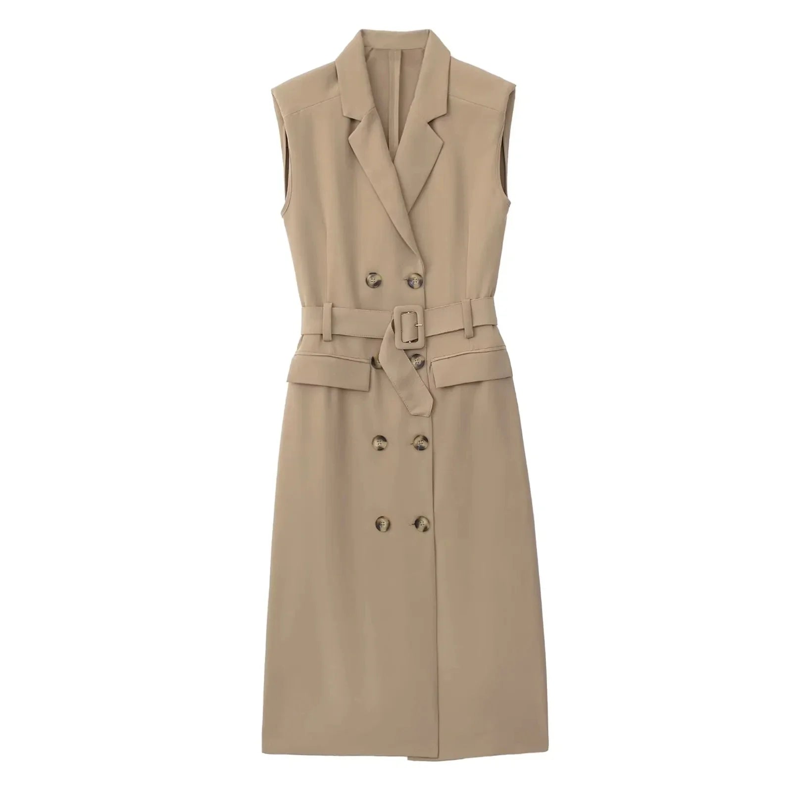Foridol Khaki Double Breasted Sleeveless Office Windbreaker Style Dress Turn Down Collar Lady Elegenta Vintage Belt New Vestidos